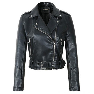 2021 m. pavasario Moteriškos dirbtinės minkštos odos striukė Trumpas paltas Pu Motociklo Užtrauktukas Punk odinė striukė Juoda Balta Žalia Viršutiniai drabužiai