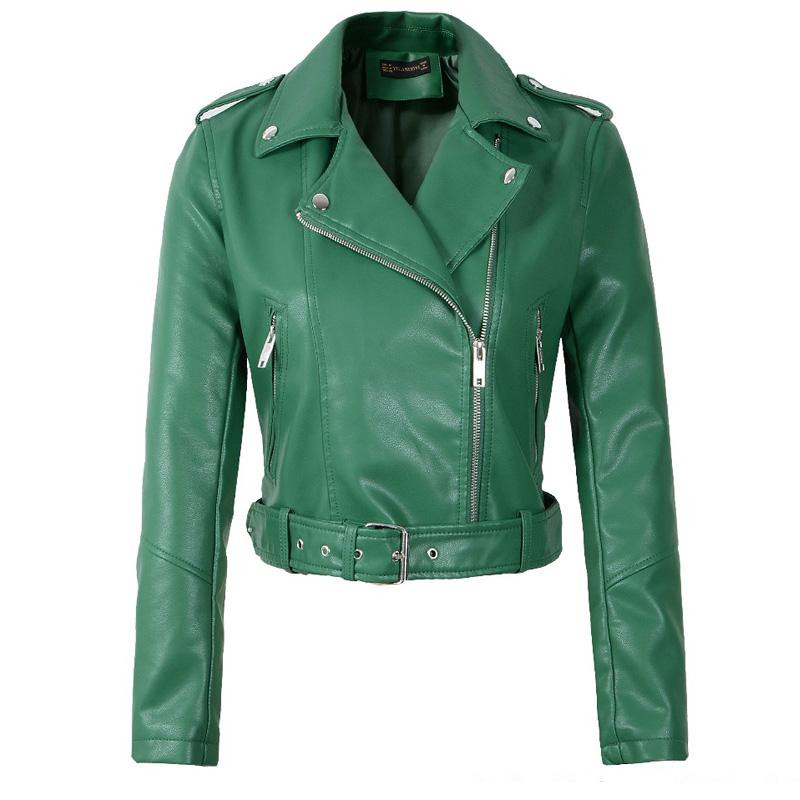 2021 m. pavasario Moteriškos dirbtinės minkštos odos striukė Trumpas paltas Pu Motociklo Užtrauktukas Punk odinė striukė Juoda Balta Žalia Viršutiniai drabužiai