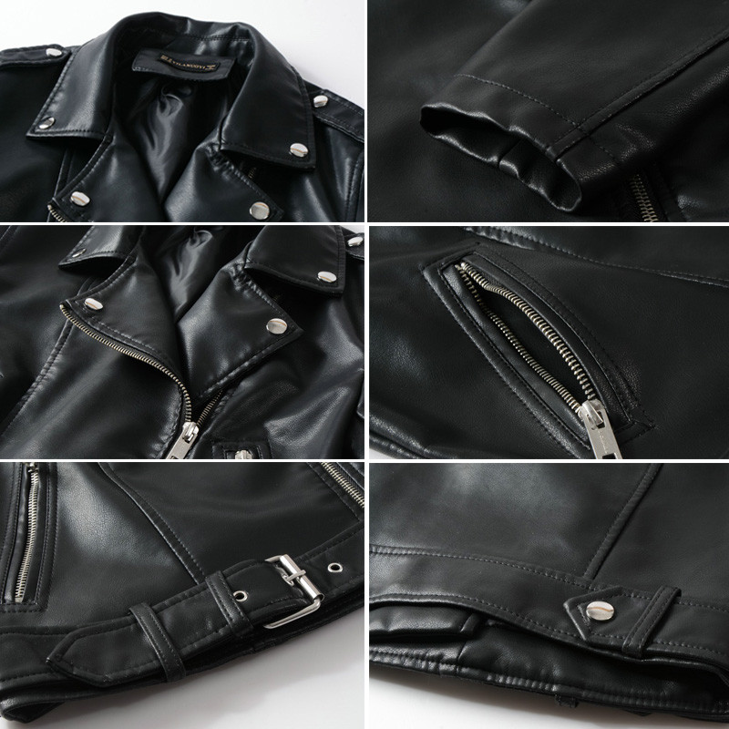 2021 m. pavasario Moteriškos dirbtinės minkštos odos striukė Trumpas paltas Pu Motociklo Užtrauktukas Punk odinė striukė Juoda Balta Žalia Viršutiniai drabužiai