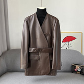 Svečana odjeća Proljeće Jesen Nova kožna odjeća Ženska ovčja koža srednje dužine V-izrez Uska jakna na vezanje Ženski kaput