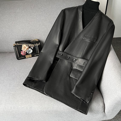 Svečana odjeća Proljeće Jesen Nova kožna odjeća Ženska ovčja koža srednje dužine V-izrez Uska jakna na vezanje Ženski kaput