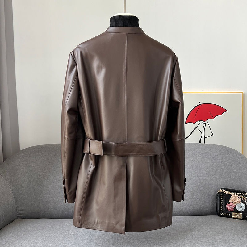 Svečana odjeća Proljeće Jesen Nova kožna odjeća Ženska ovčja koža srednje dužine V-izrez Uska jakna na vezanje Ženski kaput