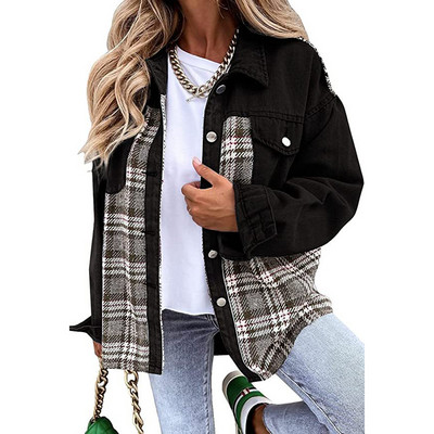 Ženske modne karirane traper jakne s šavovima Jesen Zima Gumbi Dugi rukavi Elegantni kardigani sa otvorenim ovratnikom Kaputi