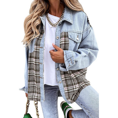 Ženske modne karirane traper jakne s šavovima Jesen Zima Gumbi Dugi rukavi Elegantni kardigani sa otvorenim ovratnikom Kaputi