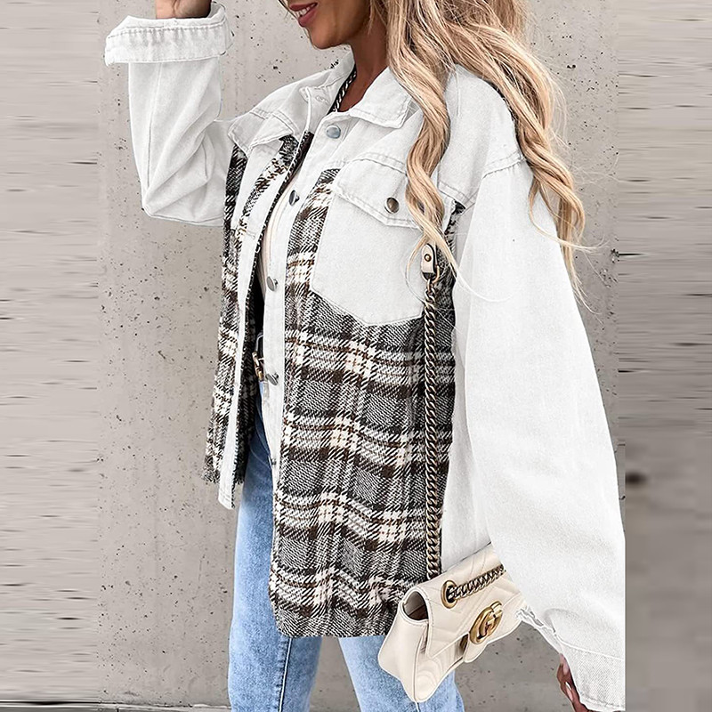 Ženske modne karirane traper jakne s šavovima Jesen Zima Gumbi Dugi rukavi Elegantni kardigani sa otvorenim ovratnikom Kaputi