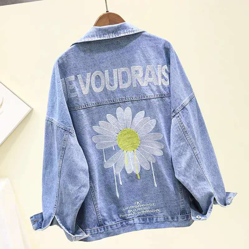 Ženska traper jakna Jesenska vintage ležerna opuštena korejska stilska tratinčica s vezom BF Trendy BF Ženska jeans jakna Gornja odjeća