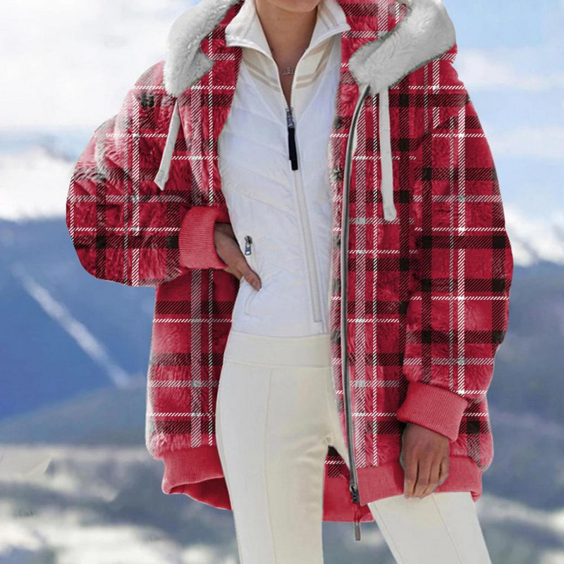 Téli kabát vastag színátmenetes kapucnis kalap húzózsinór nagyon meleg kardigán rugalmas mandzsetta plüss női kabát síeléshez