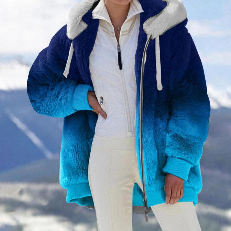 Téli kabát vastag színátmenetes kapucnis kalap húzózsinór nagyon meleg kardigán rugalmas mandzsetta plüss női kabát síeléshez