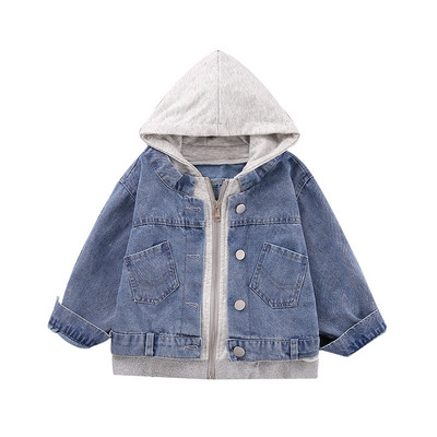 Jesenski dječji traper kaput za velike dječake, korejske jednobojne jeans jakne s kapuljačom, proljetna tinejdžerska lažna dvodijelna odjeća od 8 do 12 godina