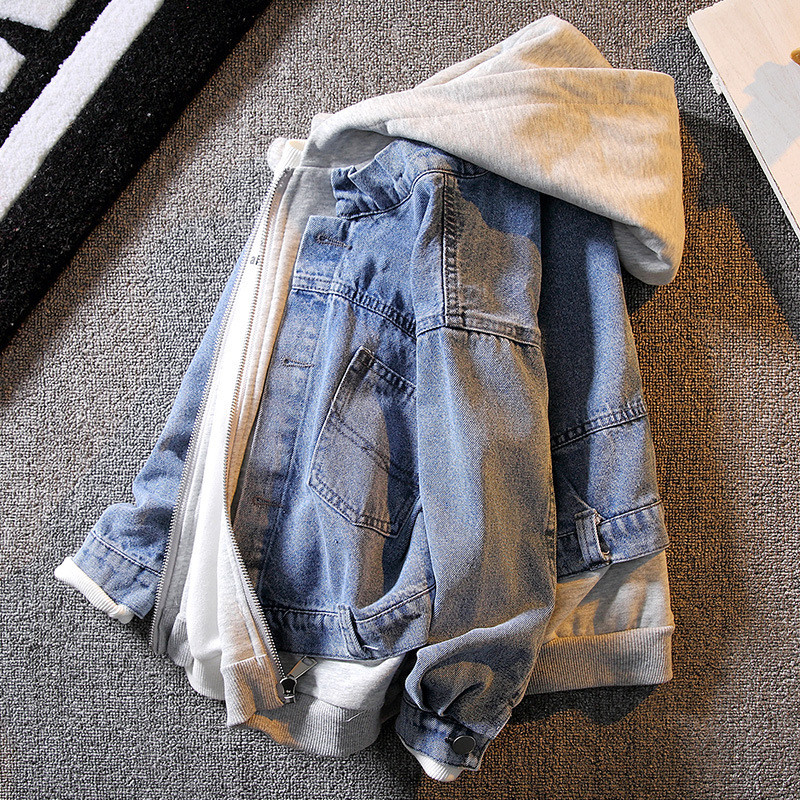 Jesenski dječji traper kaput za velike dječake, korejske jednobojne jeans jakne s kapuljačom, proljetna tinejdžerska lažna dvodijelna odjeća od 8 do 12 godina
