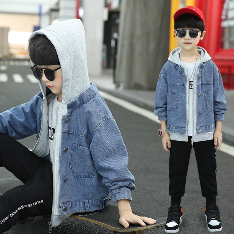 Jesenski dječji traper kaput za velike dječake, korejske jednobojne jeans jakne s kapuljačom, proljetna tinejdžerska lažna dvodijelna odjeća od 8 do 12 godina