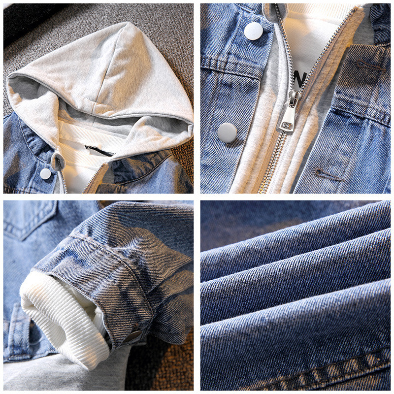 Jesenski dječji traper kaput za velike dječake, korejske jednobojne jeans jakne s kapuljačom, proljetna tinejdžerska lažna dvodijelna odjeća od 8 do 12 godina