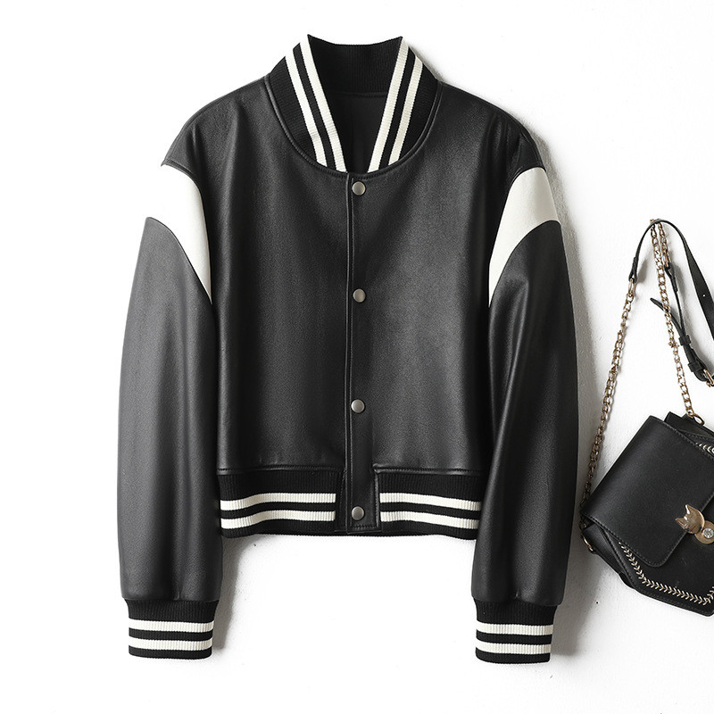 Piele 2023, primăvară, piele de oaie, cu umăr, jachetă de motocicletă alb-negru