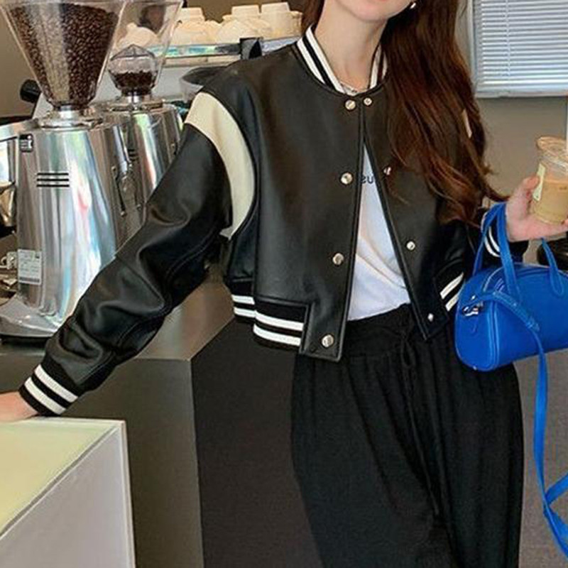 Piele 2023, primăvară, piele de oaie, cu umăr, jachetă de motocicletă alb-negru