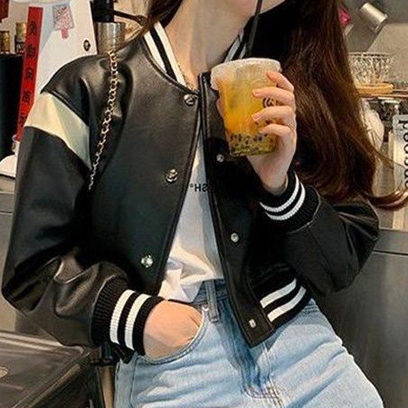 Piele 2023, primăvară, piele de oaie, cu umăr, jachetă de motocicletă alb-negru