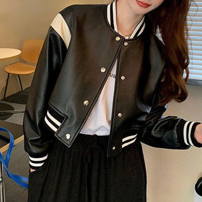 Piele 2023, primăvară, piele de oaie, cu umăr, jachetă de motocicletă alb-negru