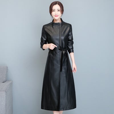 Jachetă de piele X-lung pentru femei 2021, toamnă iarnă, trenci din piele cu curea, modă pentru femei, paltoane lungi din piele neagră