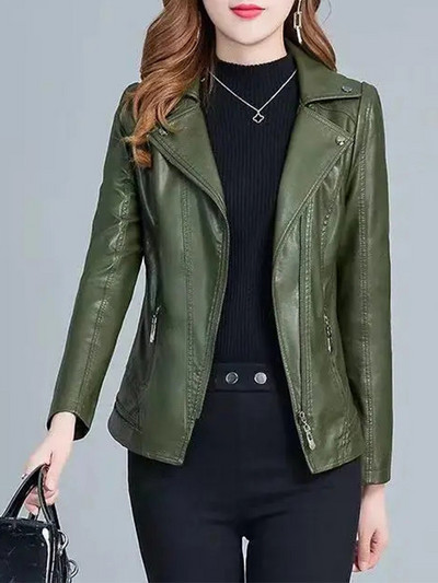 Jachetă scurtă din piele artificială, elegantă, pentru femei, cu fermoar verde, în stil coreean, pentru birou, pentru femei, haină subțire, neagră, pentru femei, primăvară, toamnă