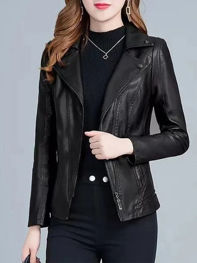 Jachetă scurtă din piele artificială, elegantă, pentru femei, cu fermoar verde, în stil coreean, pentru birou, pentru femei, haină subțire, neagră, pentru femei, primăvară, toamnă