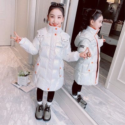 Meiteņu mētelis ar burtu apdruku Ziemas jaka ar kapuci Spīdīgs ūdensizturīgs bērnu virsdrēbes pusaudžu jauns parka sniega tērps 5-12 gadiem