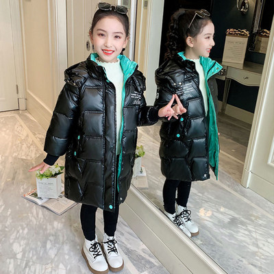 Meiteņu mētelis ar burtu apdruku Ziemas jaka ar kapuci Spīdīgs ūdensizturīgs bērnu virsdrēbes pusaudžu jauns parka sniega tērps 5-12 gadiem