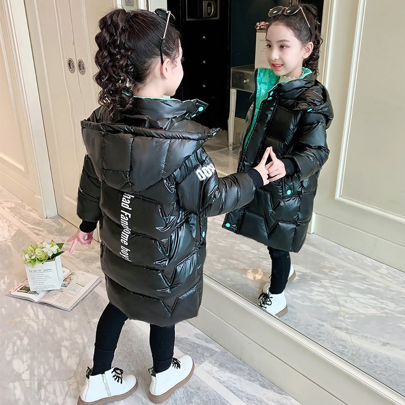 Meiteņu mētelis ar burtu apdruku Ziemas jaka ar kapuci Spīdīgs ūdensizturīgs bērnu virsdrēbes pusaudžu jauns parka sniega tērps 5-12 gadiem