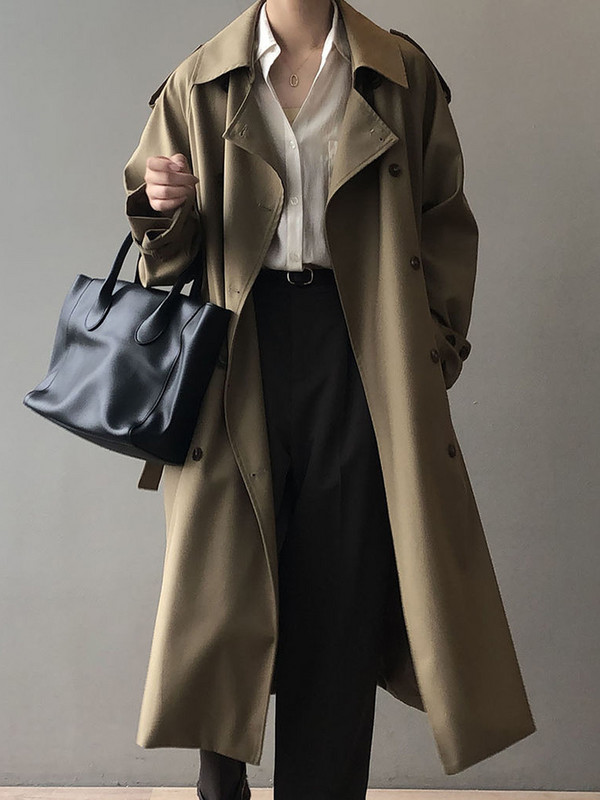 Paltoane lungi, pardesiu, clasic, kaki, cu centură de modă coreeană, pardesiu de toamnă, primăvară, pardesiu de vânt dublu