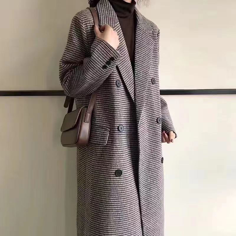 2022. gada rudens un ziema, jauns sieviešu korejiešu rūtains vilnas mētelis, moderns Emperament mētelis Sieviešu garš vilnas mētelis līdz ceļgalam