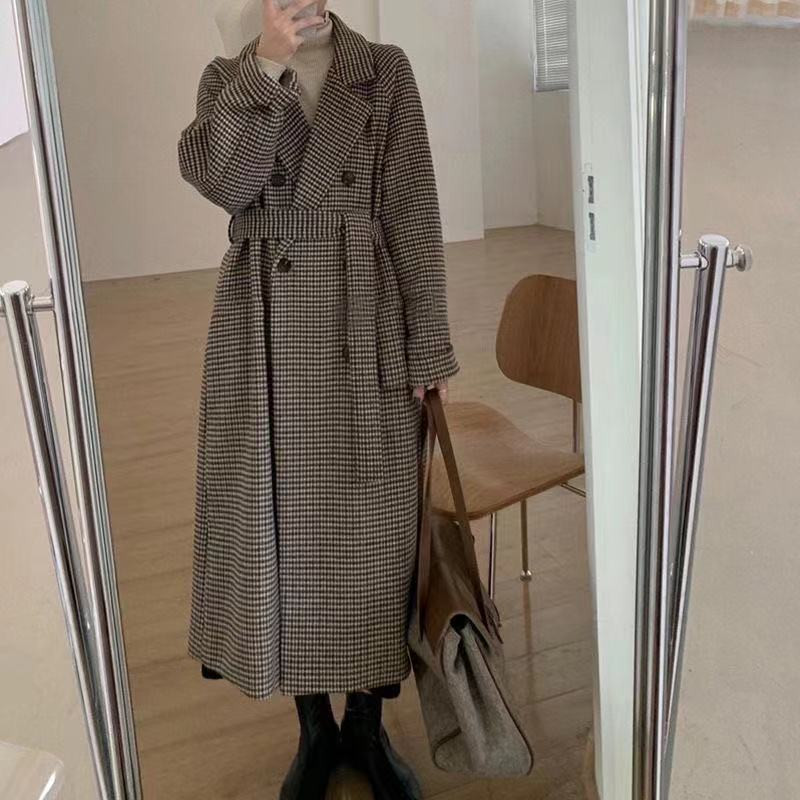 2022. gada rudens un ziema, jauns sieviešu korejiešu rūtains vilnas mētelis, moderns Emperament mētelis Sieviešu garš vilnas mētelis līdz ceļgalam