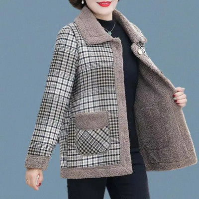 Mātes ziemas rūtainā jēra vilnas jaka 5XL Sieviešu ar garām piedurknēm, biezu granulu vilnas mētelis, sieviešu virsdrēbju topi ar vienrindu