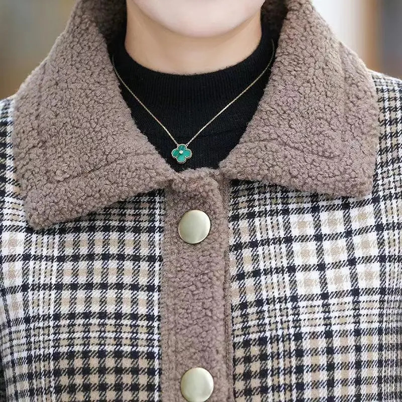 Mātes ziemas rūtainā jēra vilnas jaka 5XL Sieviešu ar garām piedurknēm, biezu granulu vilnas mētelis, sieviešu virsdrēbju topi ar vienrindu