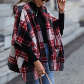 Jachetă cu glugă cu tiv de liliac de damă, cu mâneci 5/4, în stil scoțian, în carouri, fără nasturi, haină de iarnă, haină pentru femei Abrigo