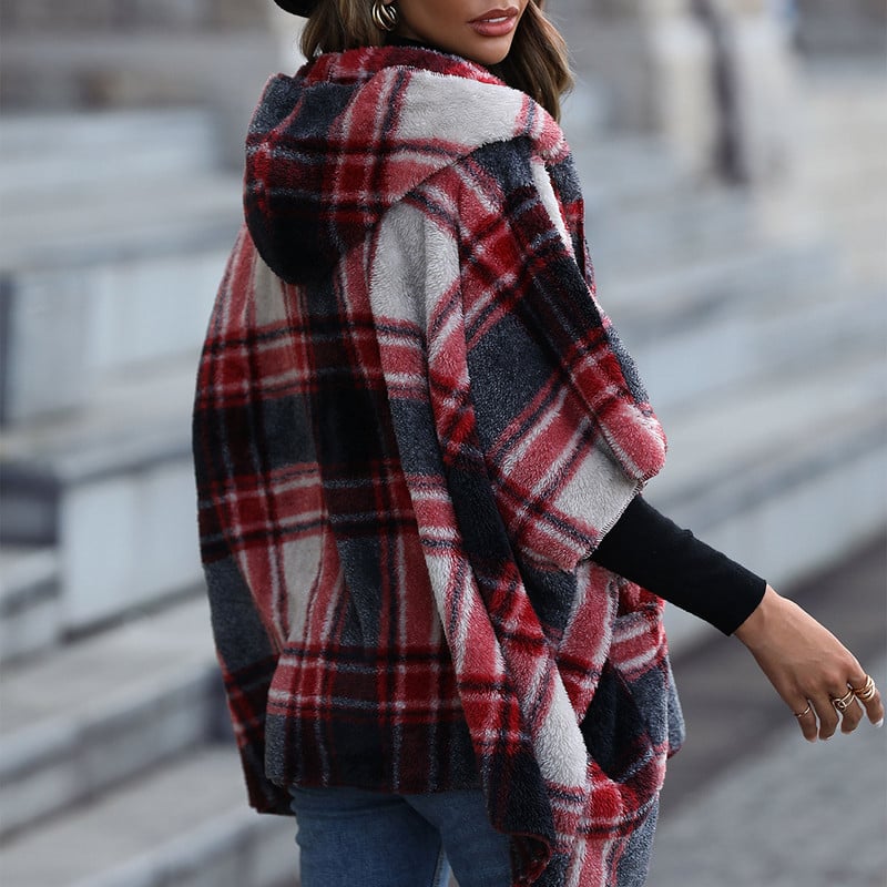 Jachetă cu glugă cu tiv de liliac de damă, cu mâneci 5/4, în stil scoțian, în carouri, fără nasturi, haină de iarnă, haină pentru femei Abrigo
