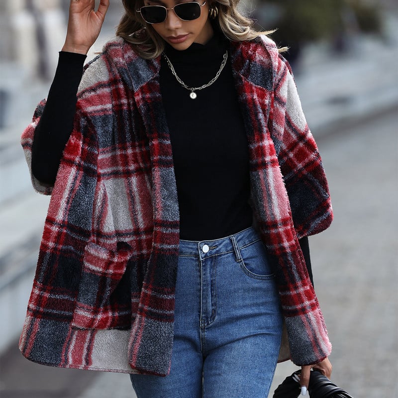 Jachetă cu glugă cu tiv de liliac de damă, cu mâneci 5/4, în stil scoțian, în carouri, fără nasturi, haină de iarnă, haină pentru femei Abrigo