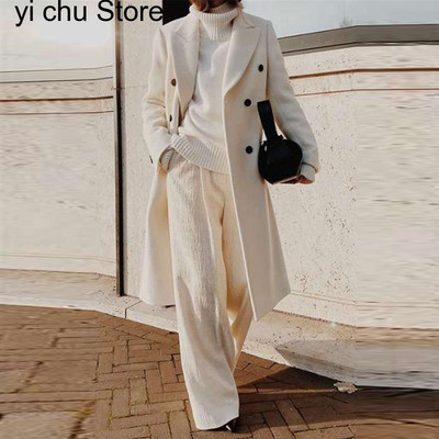 jesen zima dugi kaput s gumbima na preklop Modna ženska jednobojna ulična jakna Harajuku elegantan uredski ženski vuneni kaput