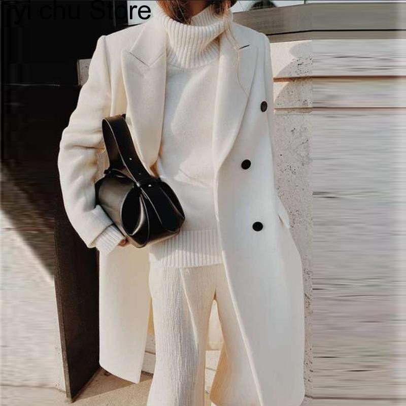 jesen zima dugi kaput s gumbima na preklop Modna ženska jednobojna ulična jakna Harajuku elegantan uredski ženski vuneni kaput