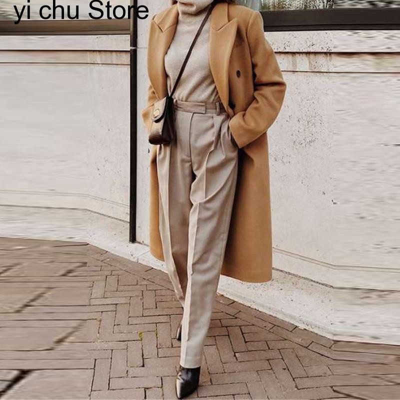 jesen zima dugi kaput s gumbima na preklop Modna ženska jednobojna ulična jakna Harajuku elegantan uredski ženski vuneni kaput