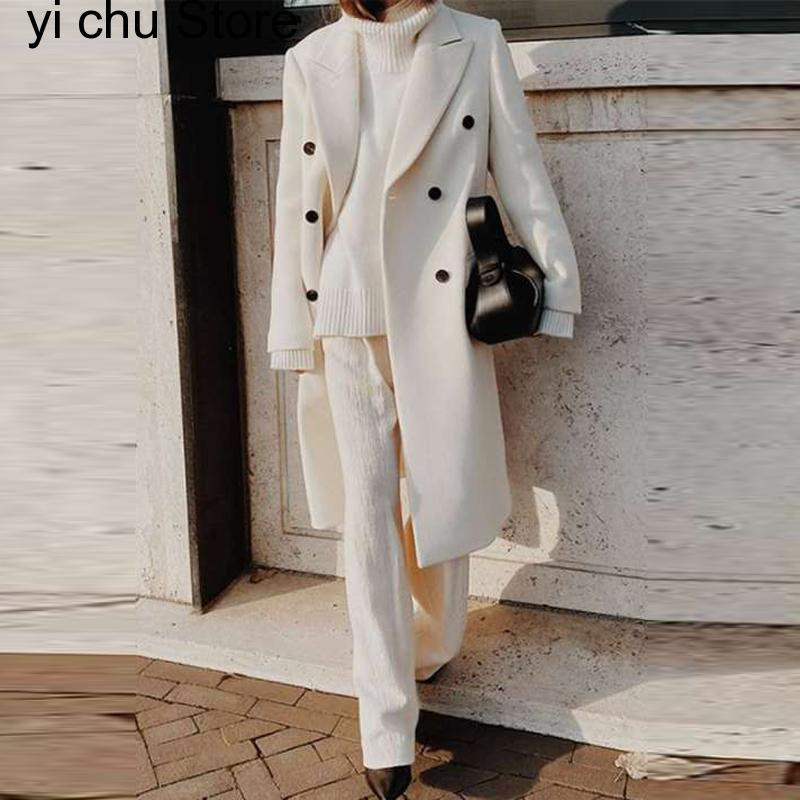 jesen zima dugi kaput s gumbima na preklop Modna ženska jednobojna ulična jakna Harajuku elegantan uredski ženski vuneni kaput