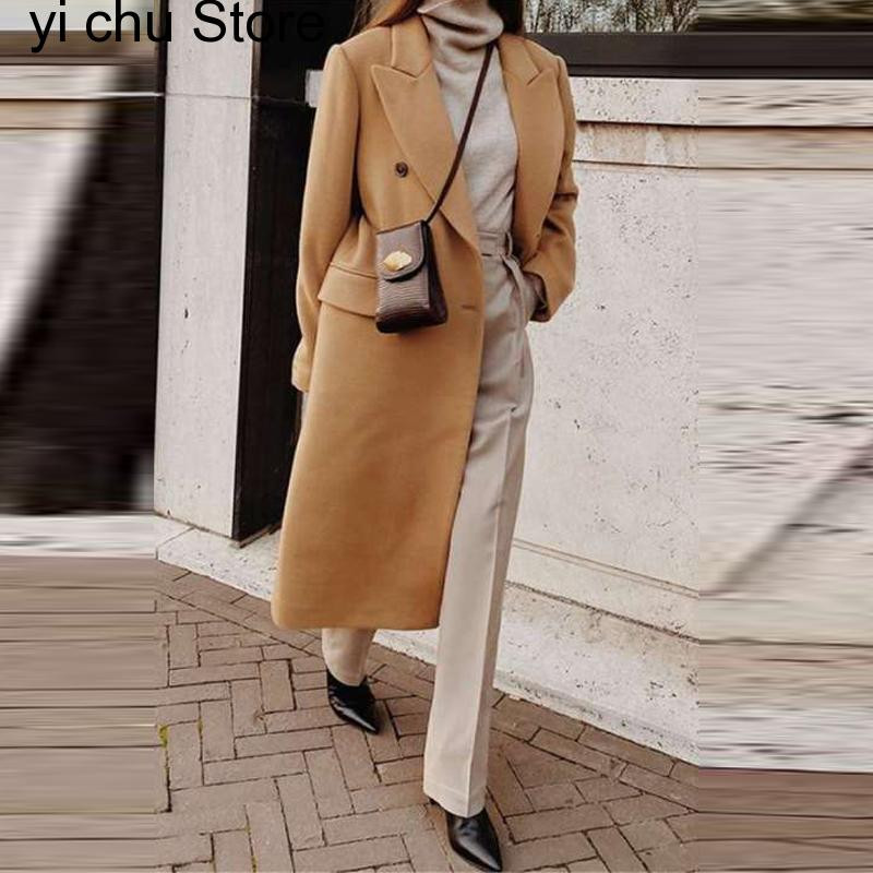 jesen zima dugi kaput s gumbima na preklop Modna ženska jednobojna ulična jakna Harajuku elegantan uredski ženski vuneni kaput