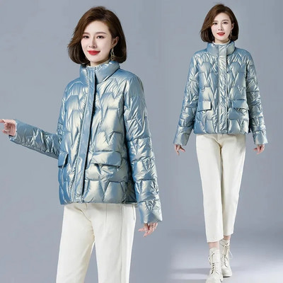 Jachetă de iarnă pentru femei, lucioasă, caldă, parka, îmbrăcăminte din bumbac cu puf gros, îmbrăcăminte pentru zăpadă, scurtă 2023, haine de bază căptușite din bumbac