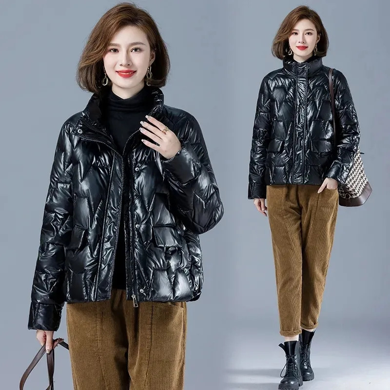 Jachetă de iarnă pentru femei, lucioasă, caldă, parka, îmbrăcăminte din bumbac cu puf gros, îmbrăcăminte pentru zăpadă, scurtă 2023, haine de bază căptușite din bumbac