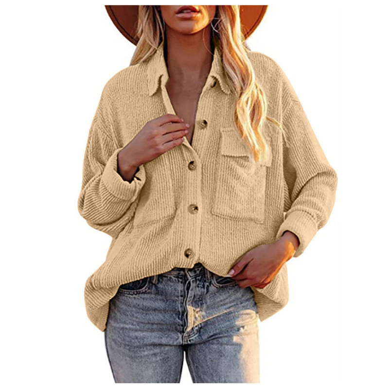 Jachetă de iarnă pentru femei, de culoare solidă, cu buzunar, jachetă din velur, cu mânecă lungă, cămașă cu nasturi Jachetă casual cu guler