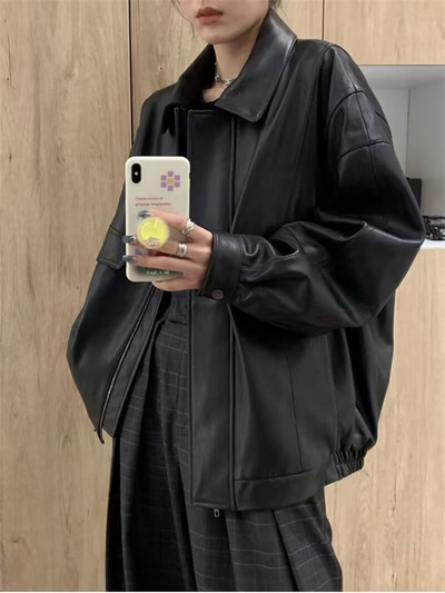 Punk stiliaus odinė striukė Moteriška gatvės apranga Moto Biker Odinis paltas su užtrauktuku High Street Fashion Trend Loose PU odinė striukė 2024 m.