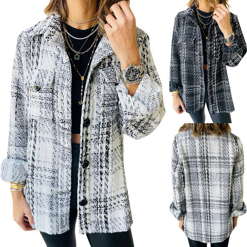 Novi karirani kaput za jesen i zimu, temperamentni ženski polo izrez, jakna s dugim rukavima, kardigan s širokim gumbima