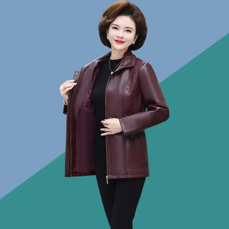 Sredovječne mame Ženska jakna od umjetne kože 2024. Proljeće Jesen Nova moda Pu kaput s patentnim zatvaračem Ženska uska gornja odjeća za motocikle H3354
