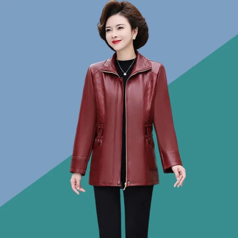 Sredovječne mame Ženska jakna od umjetne kože 2024. Proljeće Jesen Nova moda Pu kaput s patentnim zatvaračem Ženska uska gornja odjeća za motocikle H3354