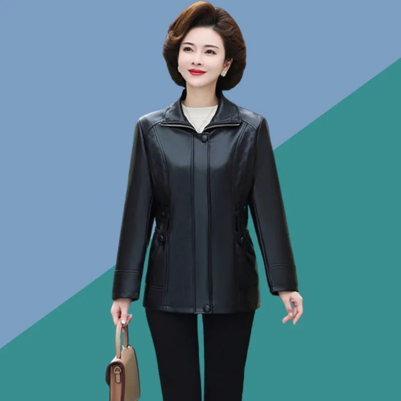 Sredovječne mame Ženska jakna od umjetne kože 2024. Proljeće Jesen Nova moda Pu kaput s patentnim zatvaračem Ženska uska gornja odjeća za motocikle H3354