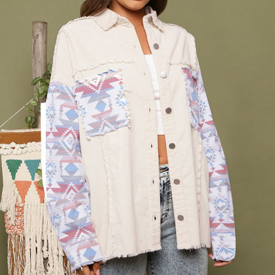 Američke retro isprane traper jakne Ženske duge rukave Aztec patchwork jean jakne Ženske košulje na rever Kaputi Vintage gornja odjeća