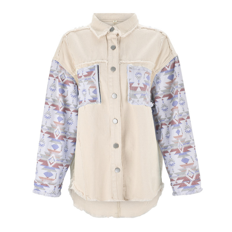 Američke retro isprane traper jakne Ženske duge rukave Aztec patchwork jean jakne Ženske košulje na rever Kaputi Vintage gornja odjeća