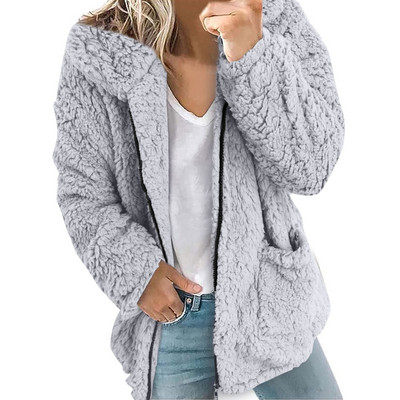 Sieviešu mākslīgās kažokādas jēra vilnas jaka ikdiena ar garām piedurknēm rāvējslēdzēji kokvilnas mēteļi ikdienas mēteļi virsdrēbes vienkrāsaini silti vilnas mēteļi